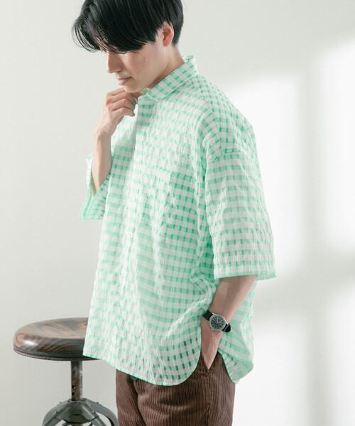 ITEMS URBANRESEARCH（アイテムズ アーバンリサーチ）の「シアサッカーチェック ショートスリーブシャツ（シャツ/ブラウス・メンズ・グリーン/ブラック/ブルー・LARGE/MEDIUM）」の5枚目の写真