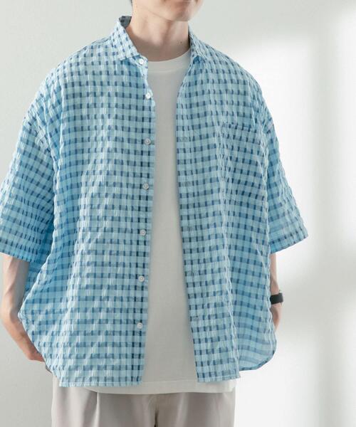 ITEMS URBANRESEARCH（アイテムズ アーバンリサーチ）の「シアサッカーチェック ショートスリーブシャツ（シャツ/ブラウス・メンズ・グリーン/ブラック/ブルー・LARGE/MEDIUM）」の11枚目の写真