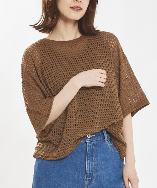 abahouse mavie（アバハウスマヴィ）の「【シアートップス】メッシュ半袖プルオーバー（Tシャツ/カットソー・レディース・ライム/ホワイト/ブラック/ブラウン・フリー）」の3枚目の写真