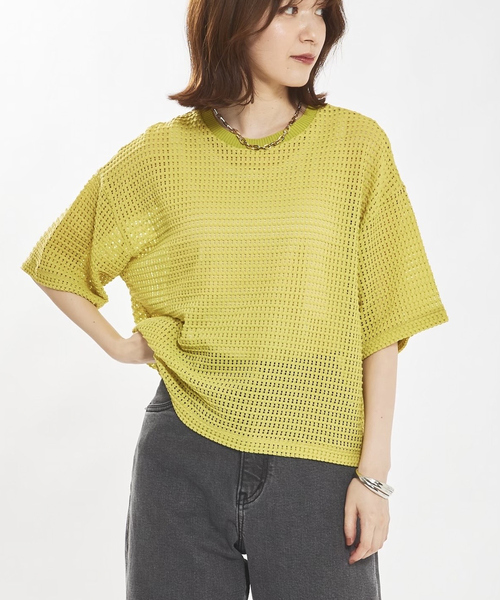 abahouse mavie（アバハウスマヴィ）の「【シアートップス】メッシュ半袖プルオーバー（Tシャツ/カットソー・レディース・ライム/ホワイト/ブラック/ブラウン・フリー）」の4枚目の写真