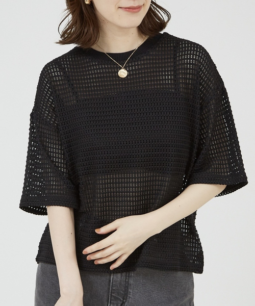 abahouse mavie（アバハウスマヴィ）の「【シアートップス】メッシュ半袖プルオーバー（Tシャツ/カットソー・レディース・ライム/ホワイト/ブラック/ブラウン・フリー）」の2枚目の写真