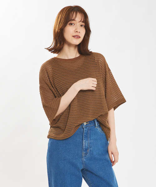 abahouse mavie（アバハウスマヴィ）の「【シアートップス】メッシュ半袖プルオーバー（Tシャツ/カットソー・レディース・ライム/ホワイト/ブラック/ブラウン・フリー）」の16枚目の写真