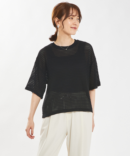 abahouse mavie（アバハウスマヴィ）の「【シアートップス】メッシュ半袖プルオーバー（Tシャツ/カットソー・レディース・ライム/ホワイト/ブラック/ブラウン・フリー）」の21枚目の写真