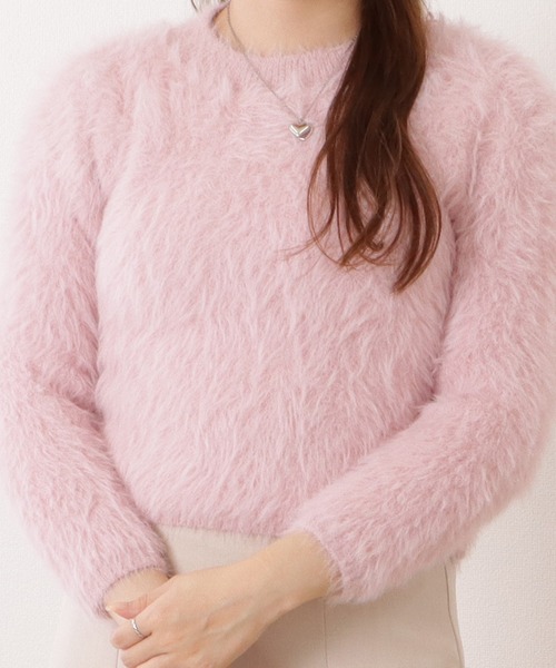 Lace Ladies(レースレディース)の「ラウンドネックシャギーニットコンパクト長袖プルオーバー(ニット/セーター・レディース・ブラック/ピンク/グレイッシュベージュ/アイボリー・FREE)」の4枚目の写真