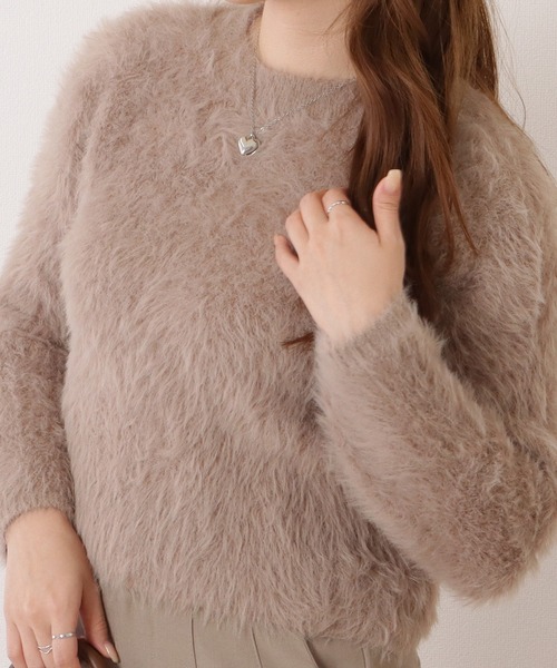 Lace Ladies(レースレディース)の「ラウンドネックシャギーニットコンパクト長袖プルオーバー(ニット/セーター・レディース・ブラック/ピンク/グレイッシュベージュ/アイボリー・FREE)」の3枚目の写真