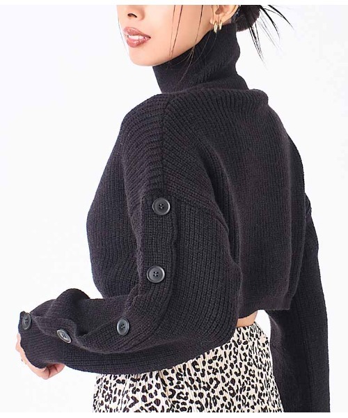 LATINA（ラティーナ）の「袖ボタン クロップド ニット セーター ハイネック スタンドカラー（ニット/セーター・レディース・ブラック/グリーン/ベージュ・FREE）」の2枚目の写真