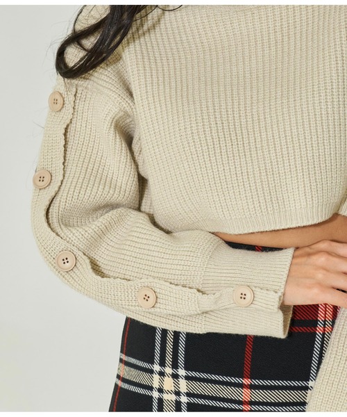 LATINA（ラティーナ）の「袖ボタン クロップド ニット セーター ハイネック スタンドカラー（ニット/セーター・レディース・ブラック/グリーン/ベージュ・FREE）」の18枚目の写真