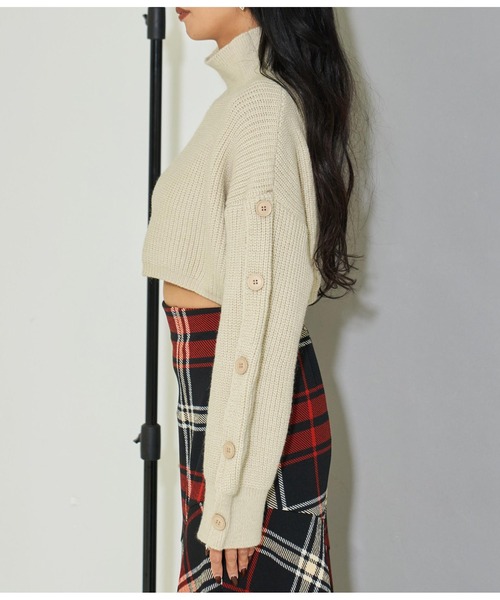 LATINA（ラティーナ）の「袖ボタン クロップド ニット セーター ハイネック スタンドカラー（ニット/セーター・レディース・ブラック/グリーン/ベージュ・FREE）」の6枚目の写真