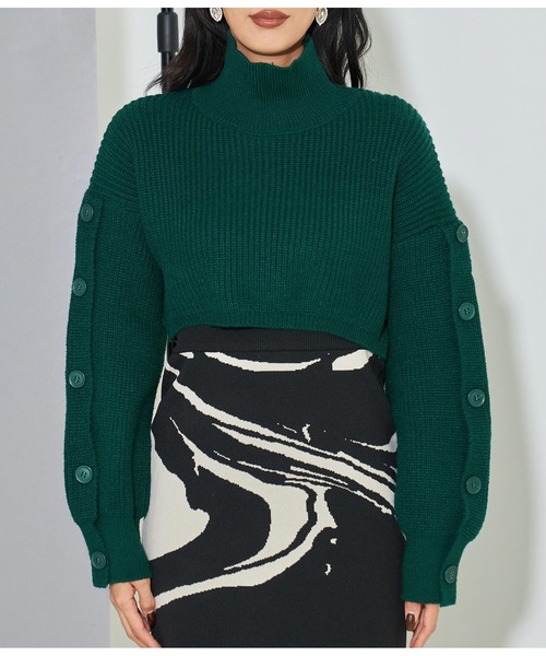 LATINA（ラティーナ）の「袖ボタン クロップド ニット セーター ハイネック スタンドカラー（ニット/セーター・レディース・ブラック/グリーン/ベージュ・FREE）」の5枚目の写真