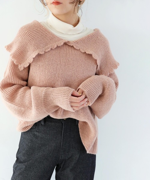 Crisp（クリスプ）の「ビッグカラーエアリーニット（ニット/セーター・レディース・ピンクベージュ/ブラウン・FREE）」の20枚目の写真