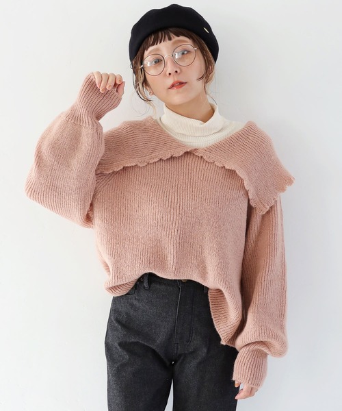 Crisp（クリスプ）の「ビッグカラーエアリーニット（ニット/セーター・レディース・ピンクベージュ/ブラウン・FREE）」の12枚目の写真