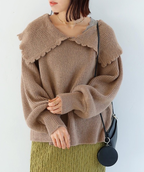 Crisp（クリスプ）の「ビッグカラーエアリーニット（ニット/セーター・レディース・ピンクベージュ/ブラウン・FREE）」の7枚目の写真