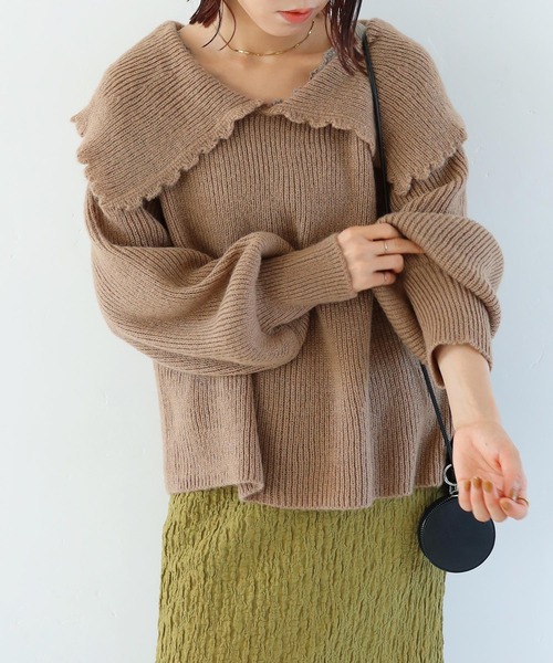 Crisp（クリスプ）の「ビッグカラーエアリーニット（ニット/セーター・レディース・ピンクベージュ/ブラウン・FREE）」の21枚目の写真