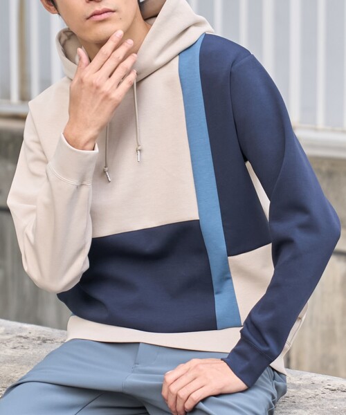 THE SHOP TK （ザ ショップ ティーケー ）の「◆【ハリコシのあるキレイめ素材/ストレッチ】新・ダンボールブロッキングパーカー（パーカー・メンズ・ネイビー系4/ベージュ系4/ホワイト系7・04/02/03）」の4枚目の写真