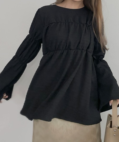 NAUL(ナウル)の「シャーリングブラウス / ペプラム フレア プルオーバー ティアード 楊柳 ふくれジャガード チュニック(シャツ/ブラウス・レディース・ブラック/ブルー・FREE)」の7枚目の写真