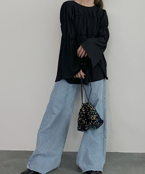 NAUL(ナウル)の「シャーリングブラウス / ペプラム フレア プルオーバー ティアード 楊柳 ふくれジャガード チュニック(シャツ/ブラウス・レディース・ブラック/ブルー・FREE)」の17枚目の写真