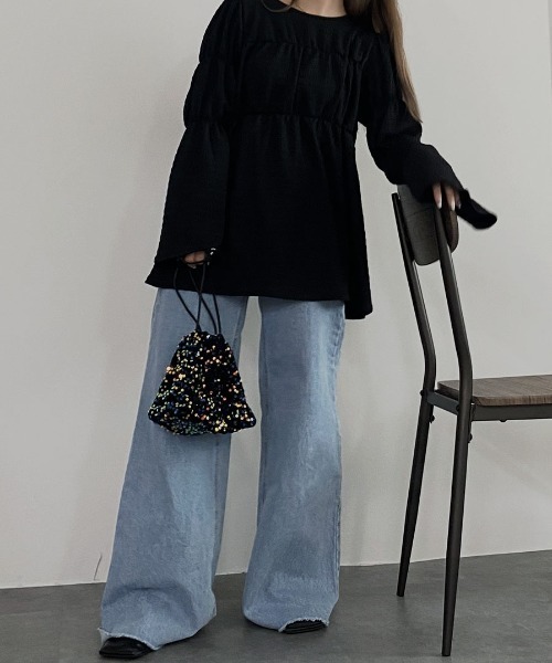 NAUL(ナウル)の「シャーリングブラウス / ペプラム フレア プルオーバー ティアード 楊柳 ふくれジャガード チュニック(シャツ/ブラウス・レディース・ブラック/ブルー・FREE)」の18枚目の写真