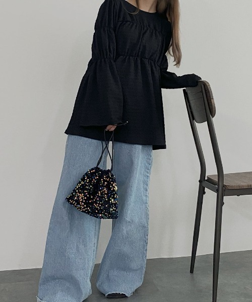 NAUL(ナウル)の「シャーリングブラウス / ペプラム フレア プルオーバー ティアード 楊柳 ふくれジャガード チュニック(シャツ/ブラウス・レディース・ブラック/ブルー・FREE)」の15枚目の写真