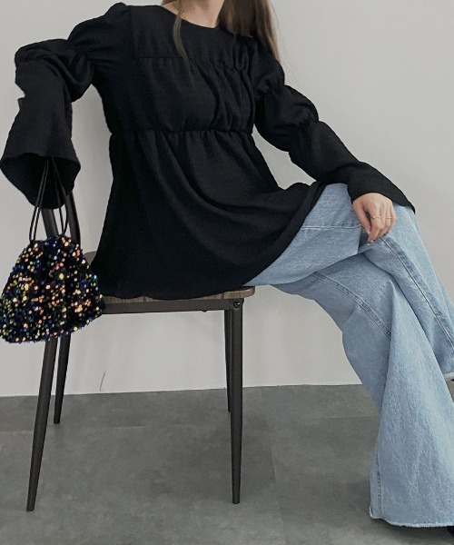 NAUL(ナウル)の「シャーリングブラウス / ペプラム フレア プルオーバー ティアード 楊柳 ふくれジャガード チュニック(シャツ/ブラウス・レディース・ブラック/ブルー・FREE)」の19枚目の写真