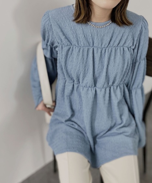 NAUL(ナウル)の「シャーリングブラウス / ペプラム フレア プルオーバー ティアード 楊柳 ふくれジャガード チュニック(シャツ/ブラウス・レディース・ブラック/ブルー・FREE)」の22枚目の写真