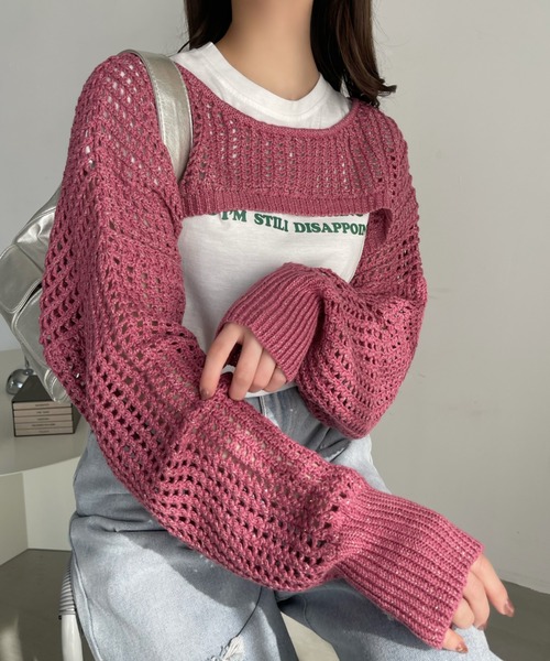 Ada.(エイダ)の「ラメ入り メッシュ編み スーパーショートプルオーバー(ニット/セーター・レディース・ピンク/ベージュ/ブラック/アイボリー・FREE)」の4枚目の写真