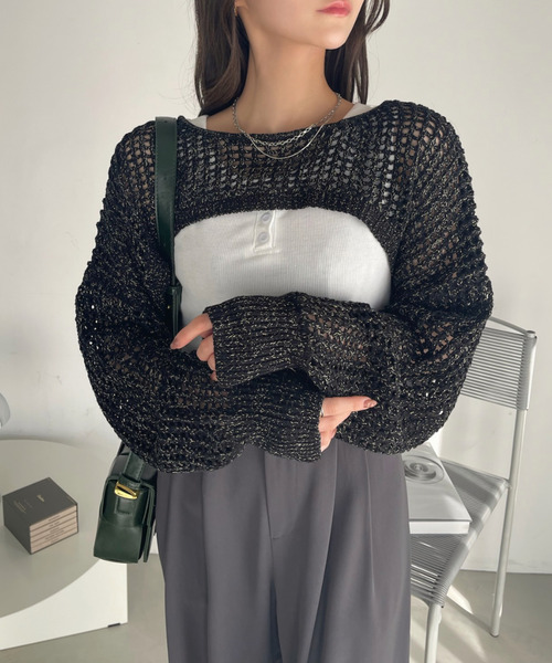 Ada.(エイダ)の「ラメ入り メッシュ編み スーパーショートプルオーバー(ニット/セーター・レディース・ピンク/ベージュ/ブラック/アイボリー・FREE)」の3枚目の写真