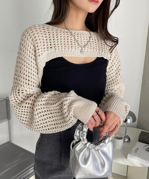 Ada.(エイダ)の「ラメ入り メッシュ編み スーパーショートプルオーバー(ニット/セーター・レディース・ピンク/ベージュ/ブラック/アイボリー・FREE)」の5枚目の写真