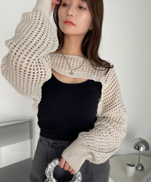 Ada.(エイダ)の「ラメ入り メッシュ編み スーパーショートプルオーバー(ニット/セーター・レディース・ピンク/ベージュ/ブラック/アイボリー・FREE)」の6枚目の写真