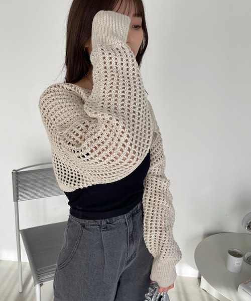 Ada.(エイダ)の「ラメ入り メッシュ編み スーパーショートプルオーバー(ニット/セーター・レディース・ピンク/ベージュ/ブラック/アイボリー・FREE)」の11枚目の写真