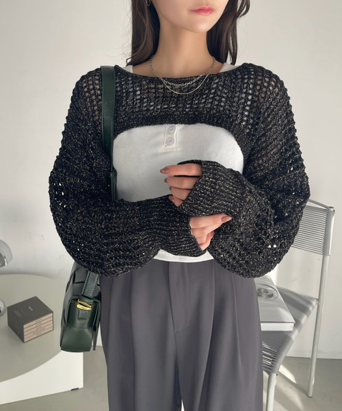 Ada.(エイダ)の「ラメ入り メッシュ編み スーパーショートプルオーバー(ニット/セーター・レディース・ピンク/ベージュ/ブラック/アイボリー・FREE)」の18枚目の写真