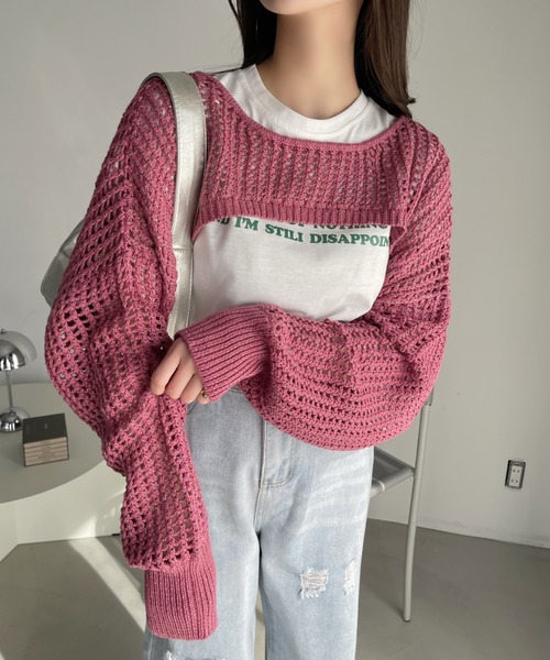 Ada.(エイダ)の「ラメ入り メッシュ編み スーパーショートプルオーバー(ニット/セーター・レディース・ピンク/ベージュ/ブラック/アイボリー・FREE)」の13枚目の写真