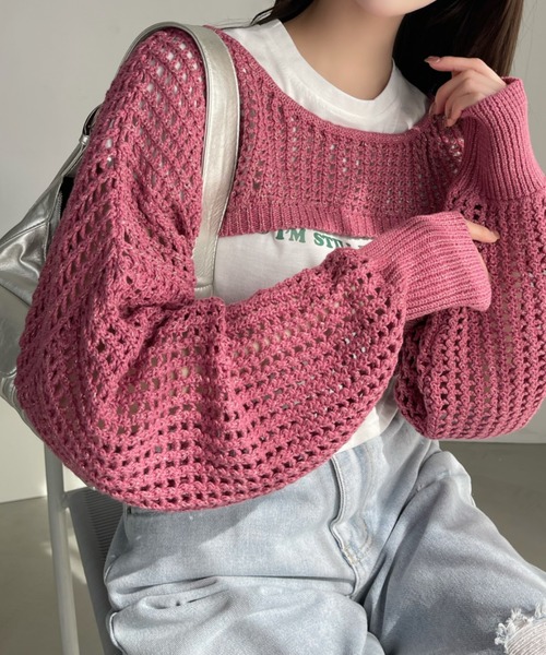 Ada.(エイダ)の「ラメ入り メッシュ編み スーパーショートプルオーバー(ニット/セーター・レディース・ピンク/ベージュ/ブラック/アイボリー・FREE)」の14枚目の写真