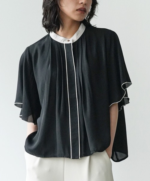 mili an deni(ミリアンデニ)の「フロントタックバイカラーブラウス(シャツ/ブラウス・レディース・オフホワイト/サックスブルー/ピンクベージュ/ライトベージュ/ブラック・M)」の1枚目の写真