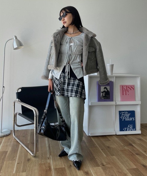SHAGGIE（シャギー）の「ワッシャーリボン付きミニ裏毛カーディガン（カーディガン/ボレロ・レディース・グレー/ブラック/カーキ・FREE）」の9枚目の写真