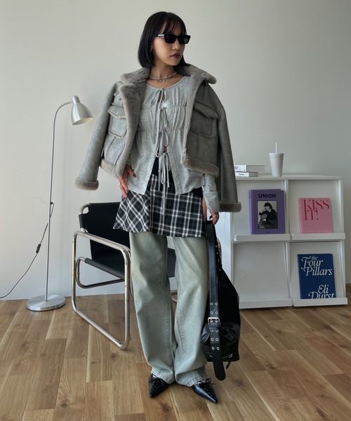 SHAGGIE（シャギー）の「ワッシャーリボン付きミニ裏毛カーディガン（カーディガン/ボレロ・レディース・グレー/ブラック/カーキ・FREE）」の10枚目の写真