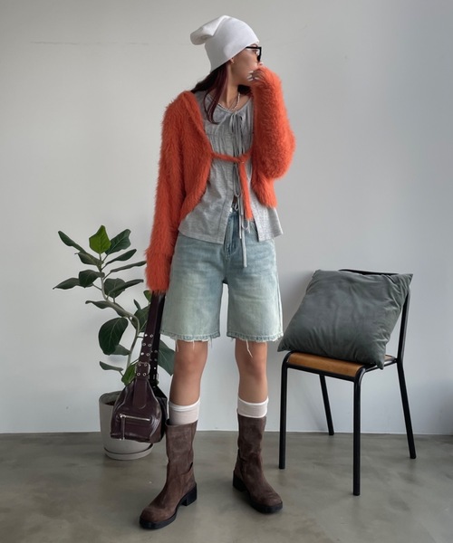 SHAGGIE（シャギー）の「ワッシャーリボン付きミニ裏毛カーディガン（カーディガン/ボレロ・レディース・グレー/ブラック/カーキ・FREE）」の13枚目の写真