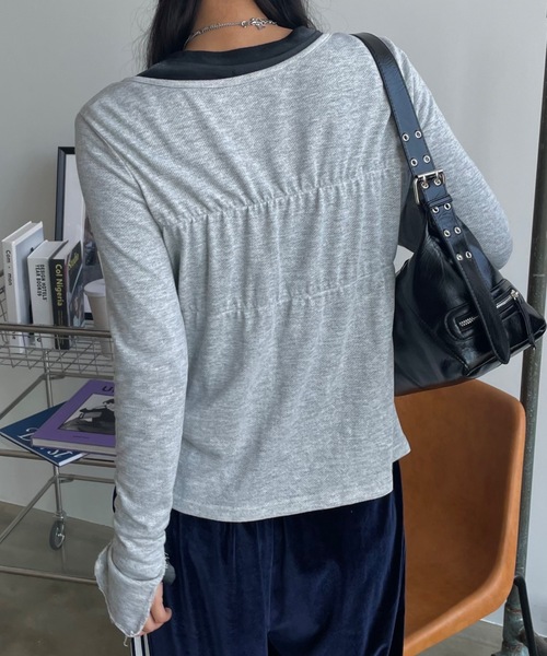 SHAGGIE（シャギー）の「ワッシャーリボン付きミニ裏毛カーディガン（カーディガン/ボレロ・レディース・グレー/ブラック/カーキ・FREE）」の5枚目の写真