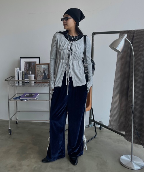 SHAGGIE（シャギー）の「ワッシャーリボン付きミニ裏毛カーディガン（カーディガン/ボレロ・レディース・グレー/ブラック/カーキ・FREE）」の6枚目の写真