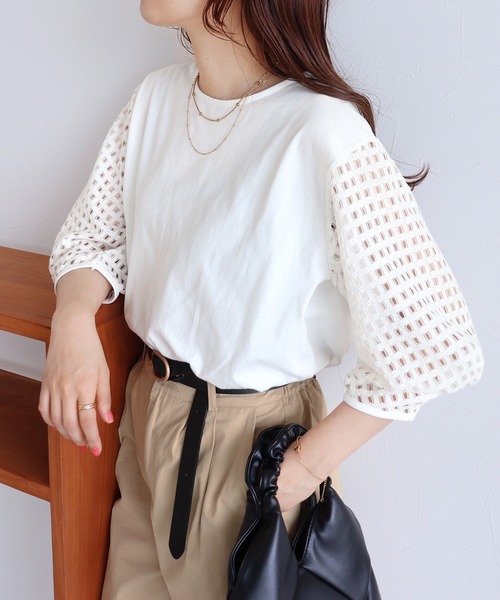 reca（レカ）の「袖レースプルオーバー（Tシャツ/カットソー・レディース・ブラック/オフホワイト・FREE）」の3枚目の写真