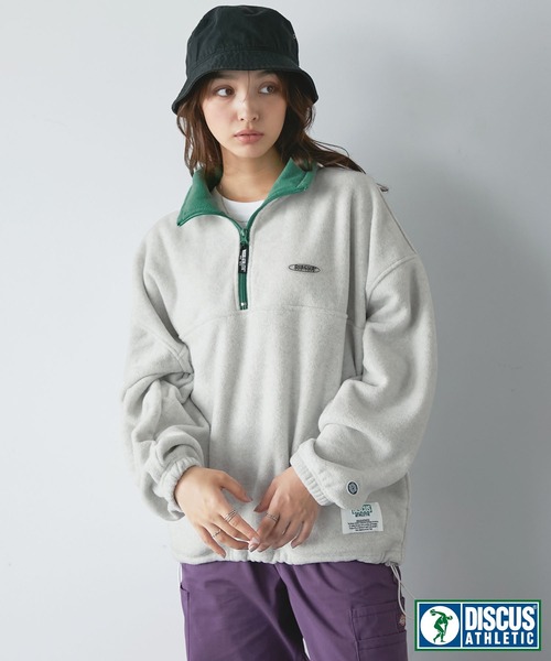 DGCUS フリースフード付きセータ DISCUS ATHLETIC/別注 配色 フリース ハーフジップ プルオーバー