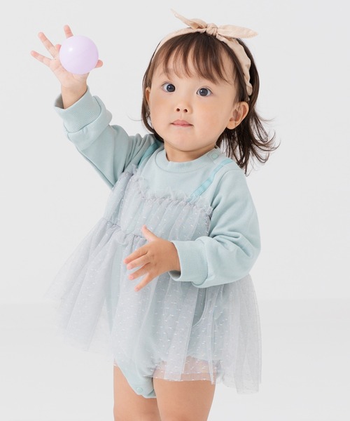chil2(チルツー)の「チュールビスチェ 裏毛ロンパース(ロンパース・キッズ・ブラック/スモークピンク/ミント/オートミール・70cm/80cm)」の1枚目の写真