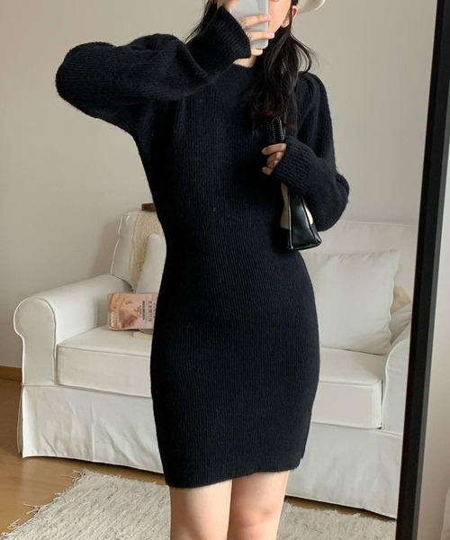 セール】パフスリーブリブニットワンピース（ワンピース）｜leune