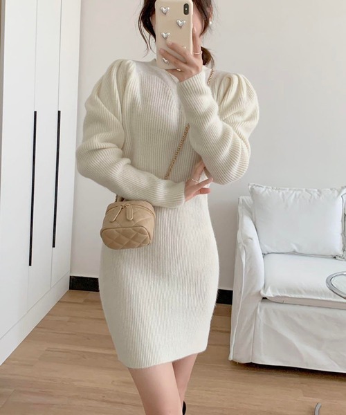 セール】パフスリーブリブニットワンピース（ワンピース）｜leune