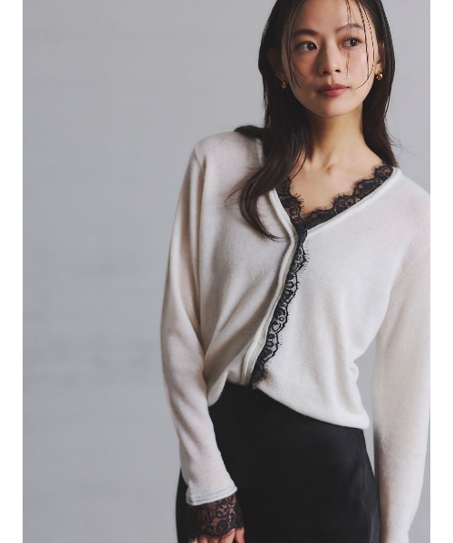 anuans（アニュアンス）の「【ZOZO限定カラー】アイラッシュレーストリミングニット（ニット/セーター・レディース・グレー/ブラック/アイボリー/ホワイト×ブラック/ベージュ・FREE）」の12枚目の写真