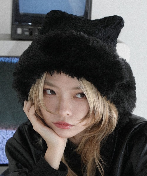 MSG（エムエスジー）の「Buyer's Select/畦編みボリューム猫耳バラクラバ（ニットキャップ/ビーニー・レディース・ベージュ/ブラック・FREE）」の3枚目の写真