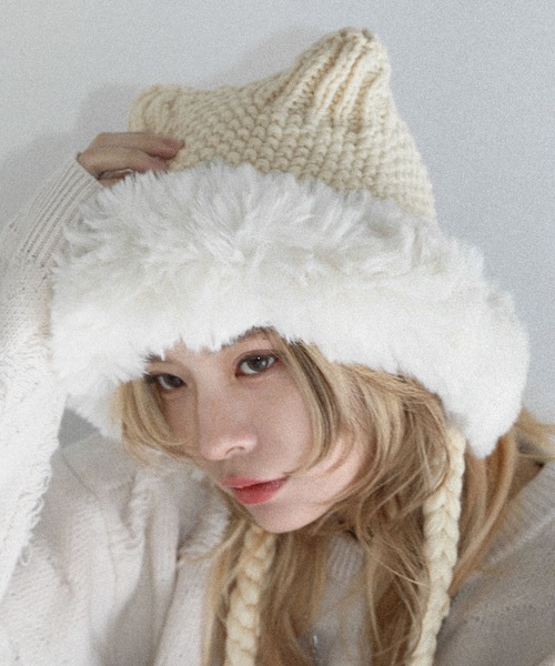 ハンドメイド☺︎猫耳ニット帽☺︎モチーフ☺︎ファー☺︎つけ襟☺︎バラクラバ☺︎ウッドストック ハンドメイド☺︎猫耳ニット帽☺︎モチーフ☺︎ファー☺︎つけ襟