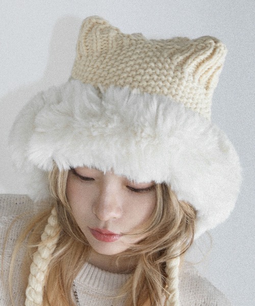 Buyer's Select/畦編みボリューム猫耳バラクラバ（ニットキャップ