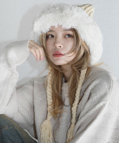 Buyer's Select/畦編みボリューム猫耳バラクラバ（ニットキャップ