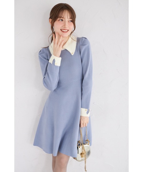 tocco closet(トッコ クローゼット)の「襟付き配色シャギー切り替えハート飾り釦リブニットワンピース(ワンピース・レディース・アイボリー/ブラック/ボルドー/グレイッシュブルー・M)」の3枚目の写真