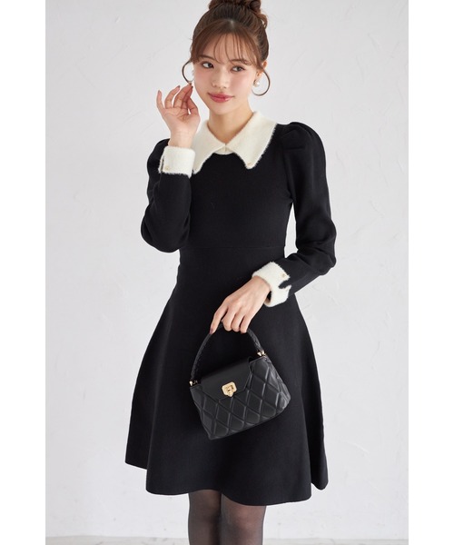 tocco closet(トッコ クローゼット)の「襟付き配色シャギー切り替えハート飾り釦リブニットワンピース(ワンピース・レディース・アイボリー/ブラック/ボルドー/グレイッシュブルー・M)」の1枚目の写真